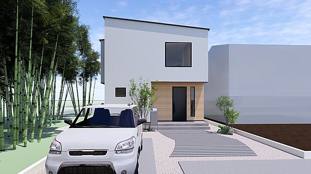 【（4号棟）完成予想図】ライトグレーの外壁と木目の調和が心地よい外観。シンプルなデザインが自然とも馴染みます。雨で汚れを落とせる清掃性の高い外壁材を使用しています。