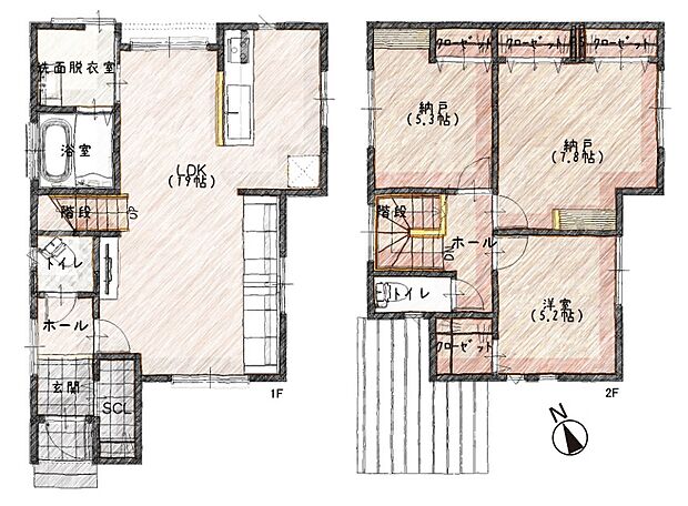 【1SSLDK】キッチン横に水回りを集約した家事ラク動線。LDK19.0帖！納戸2室にスタディコーナー付き。駐車スペースが2台分あり、セカンドカーをお持ちでも安心です。