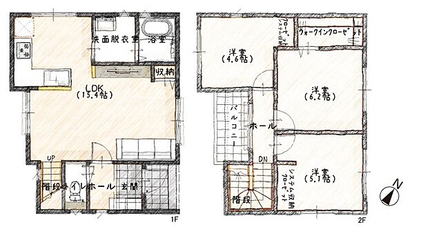 【3LDK】室内随所に豊富な収納スペースを設けた3LDK。キッチン横に水廻りを集約し、スムーズな家事ラク動線が実現！