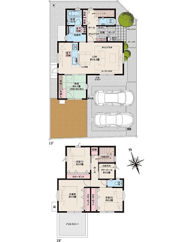 【4LDK+フリールーム】●掲載の間取り図面・設備仕様は開発段階のもので、設計・施工上の都合により変更する場合があります。
●方位記号は若干誤差があります。正確な方位については設計図書でご確認ください。
●外構の石やタイルなどは、おおよその施工範囲を示したものです。