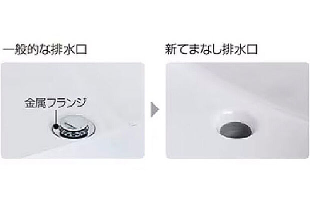 【新てまなし排水口】金属フランジがなく、なめらかな形状で、しかも排水口の奥の突起がなくてお掃除簡単です。
●掲載の写真・画像は売主施工事例です。(参考写真を除く)