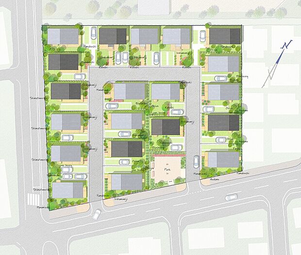 区画ごとに植栽を配列し街の表情をつくります。庭の植栽の成長を暮らしの一部として楽しむことができます。
道幅を広く確保し、開放感のある街並みをつくりだしています。