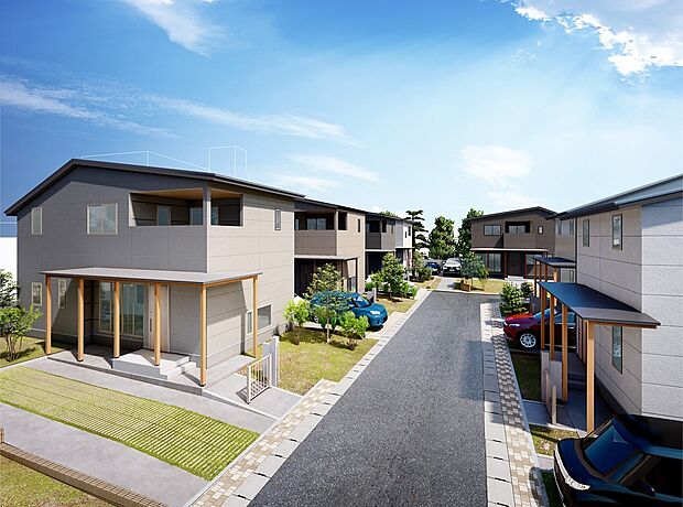 【完成予想街並みCG】四季を通して美しい景観を楽しめるように各区画には高木を4本以上植えています。駐車場も緑化ブロックで仕上げ緑あふれる街を目指して