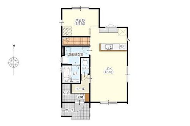 2998万円、4LDK、土地面積161.93m2、建物面積104.74m2
【16帖LDKと効率的な家事動線】
対面キッチンを備えた16帖のLDK。キッチンから洗面脱衣室へスムーズに移動できる配置で、