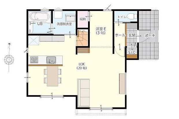2998万円、4LDK、土地面積146.46m2、建物面積102.67m2 　 明るい陽射しが注ぐ20帖の大空間。開放的なリビングなら、お子様が走り回っても安心です。(1F間取図)