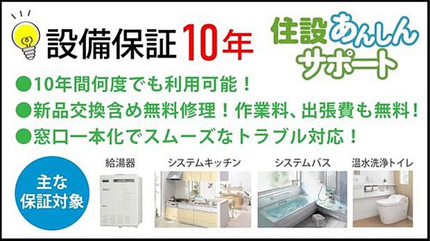 【【住宅設備10年保証】(3号棟)】給湯器など、主要な住宅設備の故障を10年間無料で修理・交換いたします。メーカー保証終了後も、突発的な出費を気にせず安心して設備をご利用いただける、家計に優しいサービスです。
