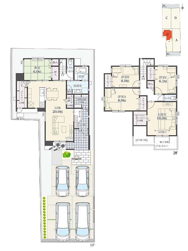【5LDK】5LDK+ウォークインクローゼット+玄関収納+リビング収納+パントリー
駐車4台可
※延床面積にポーチ面積の一部およびバルコニー面積の一部および設備設置スペースの一部含む

全居室収納付きの住まいで、住空間を有効活用可能です。