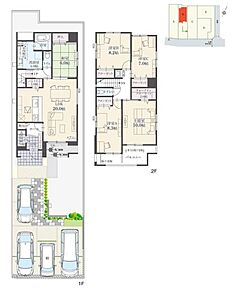 5LDK+ウォークインクローゼット+玄関収納+パントリー+ランドリースペース
駐車4台分
※建物面積にポーチ面積の一部(0.21m2)およびバルコニー面積の一部(4.33m2)および設備設置スペースの一部(1.46m2)および屋外面積の一部(1.10m2)含む

LDKは和室との一体利用で26.0帖の広々空間に。2階の洋室はプライベート時間を確保しやすい振り分けタイプです。 