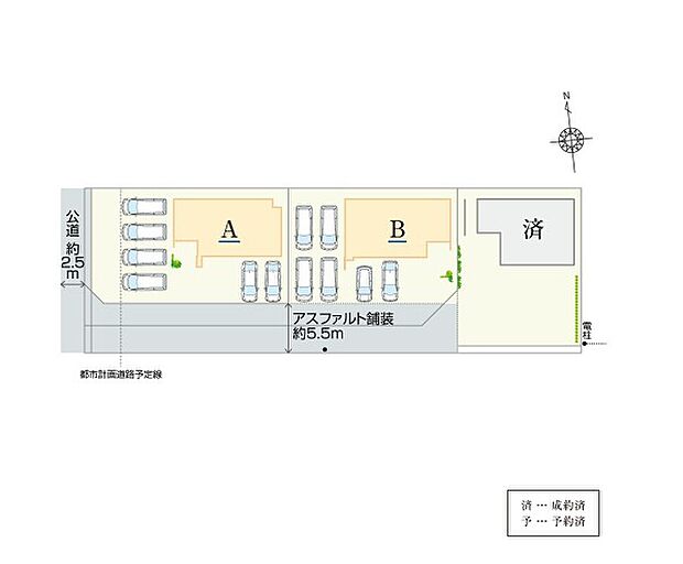 【全体区画図】
全3棟。各棟3～6台分の駐車スペースを確保しております。ご自身のお車だけでなく、来客用や将来はお子様の駐車スペースとしても使えます。
