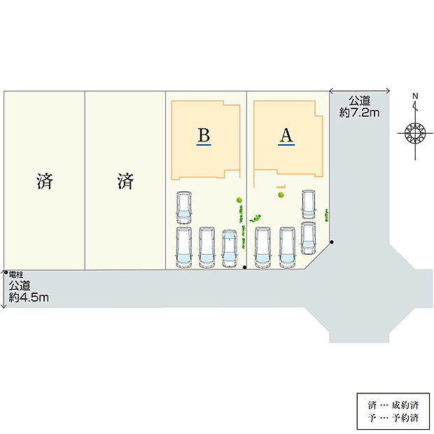  【全体区画図】
羽島郡岐南町に新築分譲住宅のご案内です。A・B棟ともに4台分の駐車スペースがあり、充実したマイカーライフを楽しめます。来客時にも重宝します。