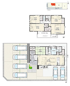 5LDK+多目的収納+Wウォークインクローゼット+玄関収納+パントリー
駐車6台可
※有効敷地面積/274.49m2 (83.03坪)

全居室6.0帖以上のゆとりある住まいです。LDKには和室が隣接。一体利用により、26.0帖の大空間が誕生します。キッチンと洗面室が近く、家事動線良好です。 