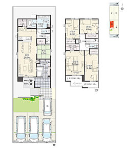 5LDK+ウォークインクローゼット+玄関収納+パントリー+ランドリースペース
駐車4台分
※建物面積にポーチ面積の一部(2.00m2)およびバルコニー面積の一部(1.31m2)含む

日当たり良好な南側に庭とバルコニーを設けています。 