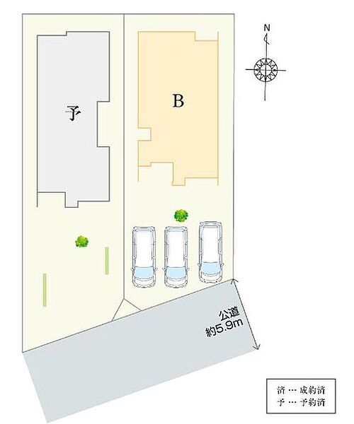 【全体区面図】
並列3台駐車可能です。周辺は車通りが少ない閑静な住宅街な為、小さなお子様がいらっしゃるご家庭にも安心です。