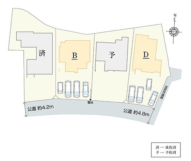 【全体区画図】
全4棟からなる新しいコミュニティ。三岐鉄道北勢線「西別所」駅まで徒歩約7分と、駅近でありながら駐車スペースは4台分を確保。64坪以上の、ゆとりある敷地です。