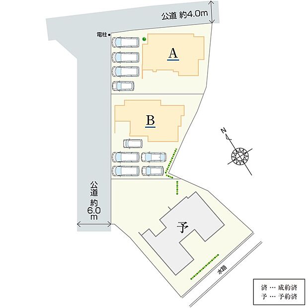  【全体区画図】
全3棟の新築分譲住宅です。前面道路は北側約4.0m、西側約6.0m。各棟共、敷地面積60坪以上の広さを確保しており、お庭スペースや複数台の駐車にも対応できます。