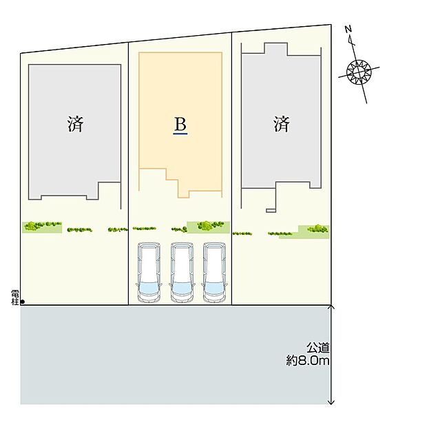 南側の前面道路は幅員約8.0m。ゆとりをもって車の入出庫ができます。並列で3台駐車可能です。外構はフェンス、飾り塀、門扉などで囲いを設置し、防犯やプライバシーに配慮した設計です。
