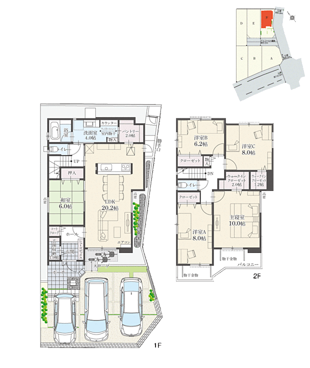 【5LDK】5LDK+Wウォークインクローゼット+玄関収納+コートクローク+ パントリー+ランドリースペース
■駐車スペース：3台(車種による)
※有効敷地面積／160.02m2 (48.40坪)

LDKは20.2帖で、リビングスルー階段を採用。ご家族のコミュニケーションがとりやすい住まいです。