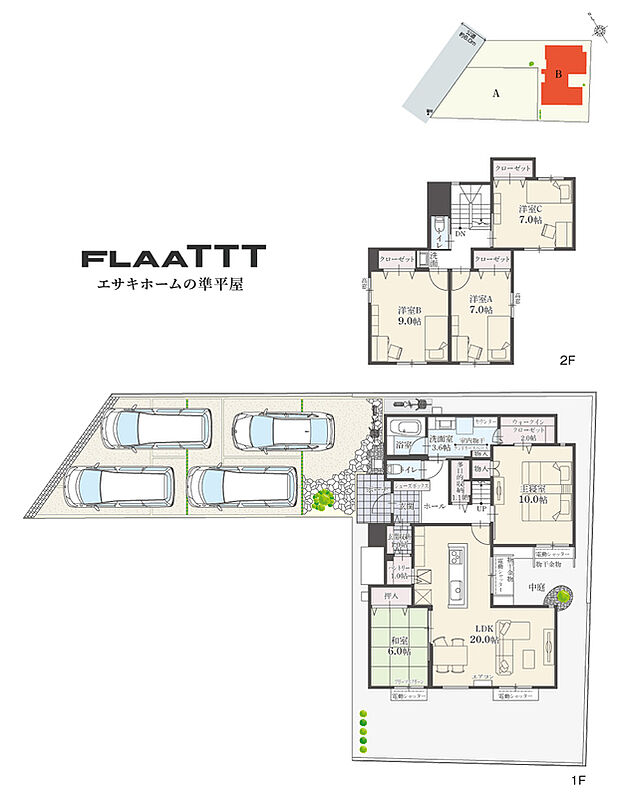 【5LDK】5LDK+ 多目的収納+ ウォークインクローゼット+ 玄関収納+ パントリー+ ランドリースペース
駐車4台分
※建物面積に設備設置スペースの一部(1.26m2)含む

エサキホームの準平屋です。1階に主寝室と水回りを備え、2階には3部屋を設け、ご家族のプライベートな時間を守ります。