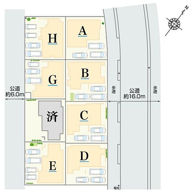 【全体区画図】
全8棟の新しい街並み。北東側前面道路は幅員約16.0m、南西側は幅員約6.0mとゆとりがあります。緑豊かな住宅街、自然を身近に感じながらのびのび子育てが叶います。