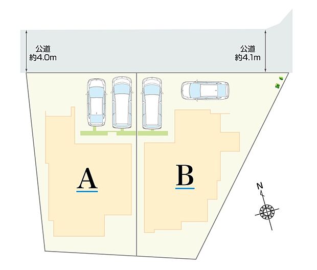 【全体区画図】
49坪以上のゆとりある敷地に建つ新築戸建全2棟。道路に面していない南側にリビングが面しており、人目を気にすることなくのびのびと寛げる住まいです。