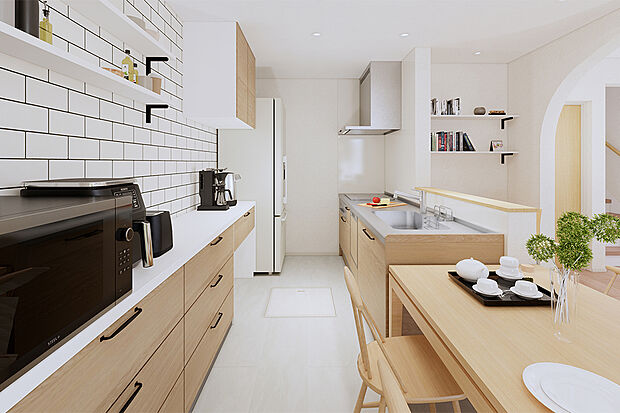 キッチン横には保存食から食器、調理器具まで保存可能な大容量のパントリーを設置♪/11号地建物プラン例