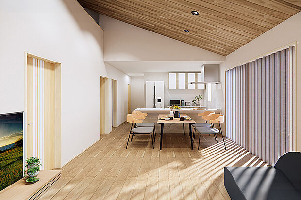 人気の縦長リビングを採用し、キッチン・ダイニング・リビングが一直線につながる設計に◎どこにいてもお子様の様子を見守れる安心の間取りです。/26号地完成予想パース