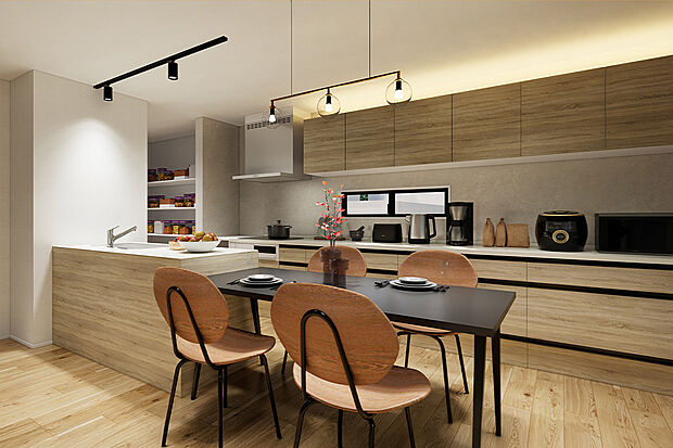 キッチン横のダイニングで配膳や片付けもスムーズに。家事効率が上がり、毎日の暮らしがもっと楽しく／1号地完成予想パース