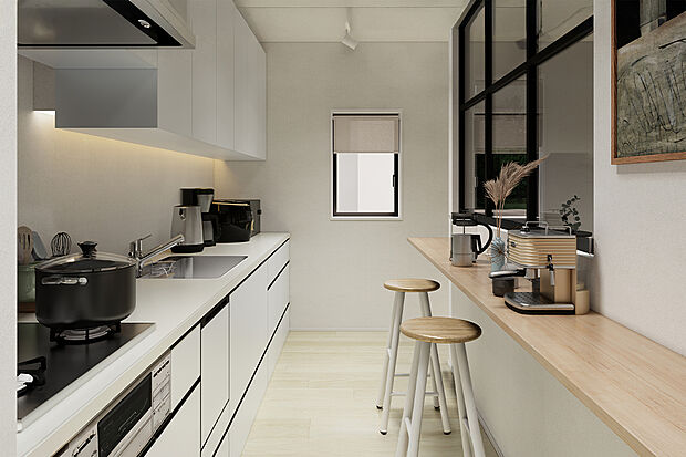 玄関ホールとリビングの両方からアクセスできる便利な2WAYキッチン。背面にはカウンターを設置し、作業動線もスムーズ。毎日の料理がもっと快適になります。/5号地建物プラン例