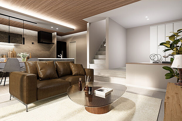 広々としたリビングには「陽だまりスペース」にも。キッチンから目が届くのでお子様を見ながらの家事も安心です。／4号地建物完成予想パース