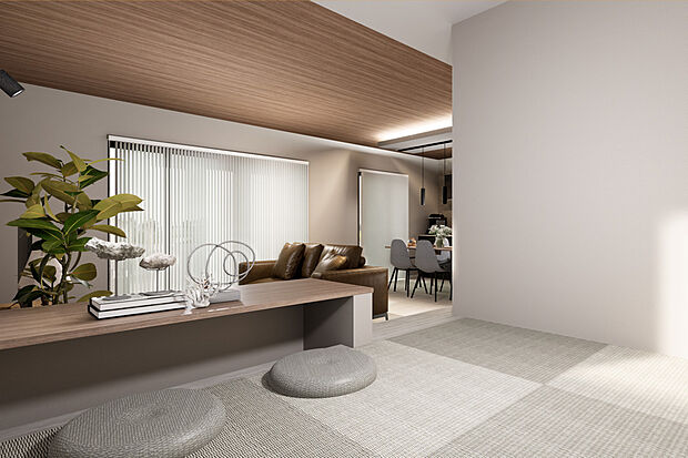 小上がり畳コーナーのある4LDKです。オープンな空間で家族のコミュニティーを創り出します◎カウンター付きが嬉いポイント♪／4号地建物完成予想パース