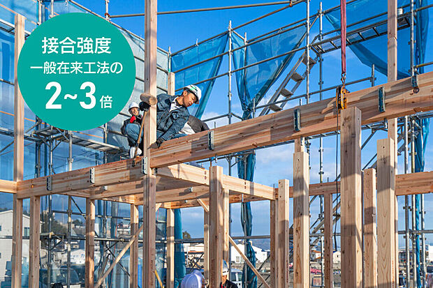 【耐震性・耐久性の高い金物工法】一般の在来工法の2.0-3.0倍の接合強度で、耐震性・耐久性の高い工法です。
柱の断面欠損が少なく、あらゆる方向からの力に強靭に抵抗する仕口を実現した金物工法です。