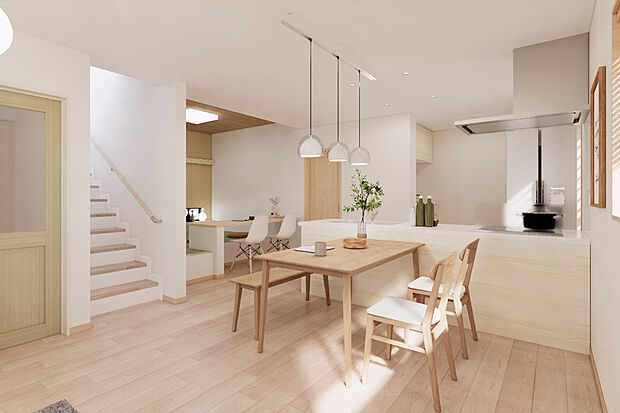 【リビング|帰宅後リビングを通るしかけで毎日家族を感じられる◎】家族と自然と顔を合わせることができるリビング階段を採用。階段のデッドスペースを活用した収納も嬉しいですね!/2号地完成予想パース