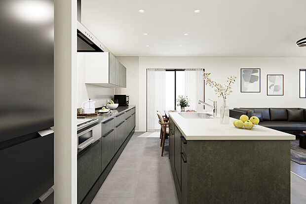 【II型キッチン|回遊できる家事ラク動線】対面キッチンはリビング全体に目が届くのでお子様を見ながらの家事も安心です。/1号地完成予想パース