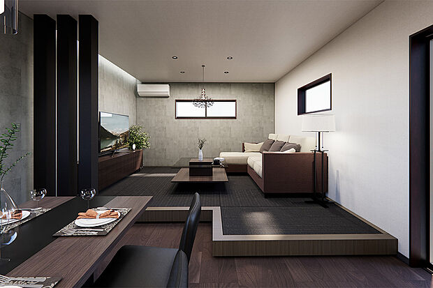 【リビング|ちょっと腰かけるのにちょうどいい♪】座ったり、寝転んだり、本を読んだり。リビングの小上り畳は使い方いろいろ。空間に立体感をもたらし、家族みんなの癒しの場所になります♪/7号地建物プラン例