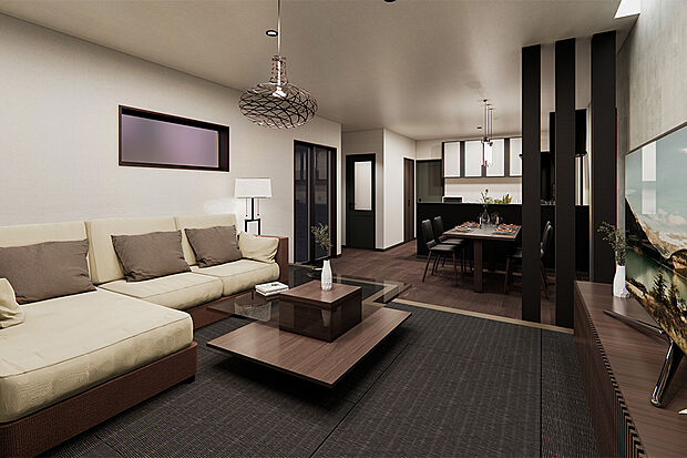 【キッチン|毎日の家事を楽しく!対面キッチンを採用♪】人気の縦長リビングを採用。どこにいてもお子さまの様子が見渡せる安心の間取りで、毎日の家事も楽しく快適にこなせます◎/7号地建物プラン例