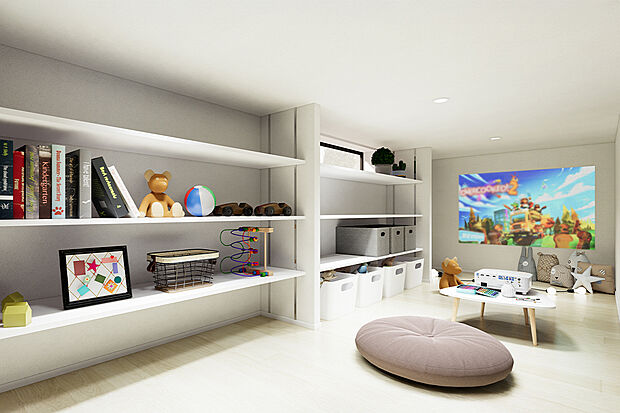 【小屋裏スペース|収納付きですっきりしたスペースに。】お子様の遊び場にぴったりな小屋裏スペース♪可動棚付きで散らかりがちなおもちゃもすっきり収納でき、楽しく片付け習慣も身につきます!/5号地建物プラン例