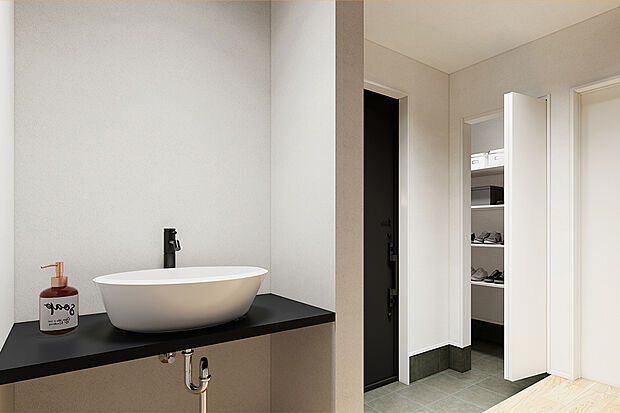 【玄関｜手洗い器が自然と毎日の習慣づけに】玄関ホールには帰宅後すぐ使える便利な手洗い付き。たっぷりの収納で日用品や外出グッズもすっきり片付きます！／1号地完成予想パース