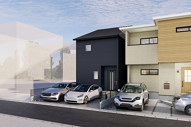 【3号地完成予想パース】陽光をしっかり取り入れる、20帖超えの縦長リビング。ウッドデッキとも繋がっており、家族だけの特別な空間を。