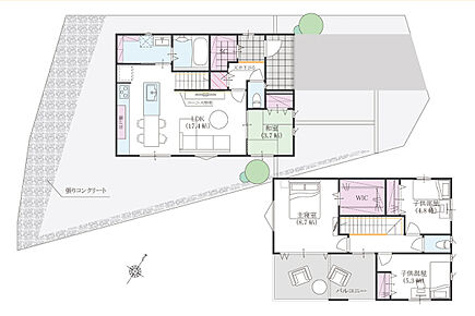 １号地建物プラン／4LDK
建物面積：105.50m2（31.91坪）
１階面積：57.25m2（17.31坪）
２階面積：48.25m2（14.59坪） 