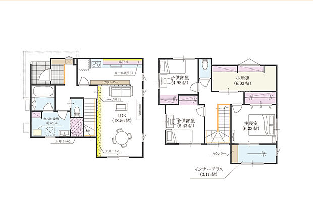 【5号地建物プラン例】玄関ホールとリビングの両方から出入りできる2WAYキッチンで、家事動線もスムーズに。小屋裏スペースはシアタールームなど、多彩な用途で楽しめます。