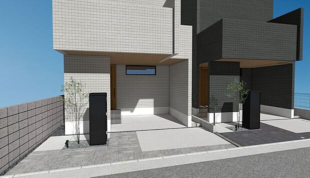 【外構パース】整えられた外構は、美しい景観と使いやすさを両立しています。門扉や植栽、アプローチが調和し、住まい全体の印象を引き締め、快適に過ごせる空間です。