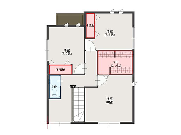 建物プラン例（B号地・C号地・D号地）建物価格：3279万円2階床面積：53.43m2間取り：3LDK＋WIC／家事楽ピット（※本体工事、給排水、諸経費を含む）