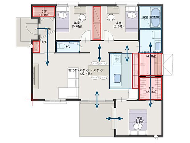 【建物プラン例(B号地)】建物価格:2874万円建物面積:87.36m2間取り:3LDK+WIC+家事楽ピット※本体工事、給排水、諸経費を含む※プランは一例です。
