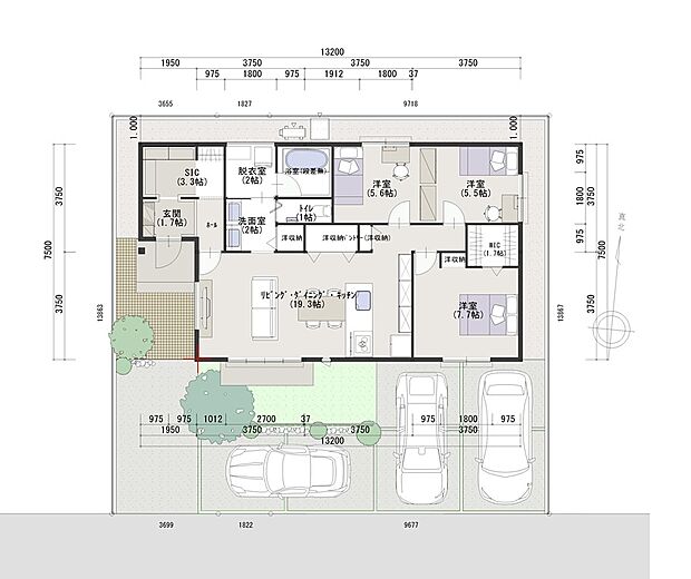 【建物プラン例】建物価格:2912万円延床面積:90.81m2(27.47坪)間取り:2(3)LDK+WIC※本体工事、給排水、諸経費を含む※プランは一例です。お客様が自由に選択できます。
