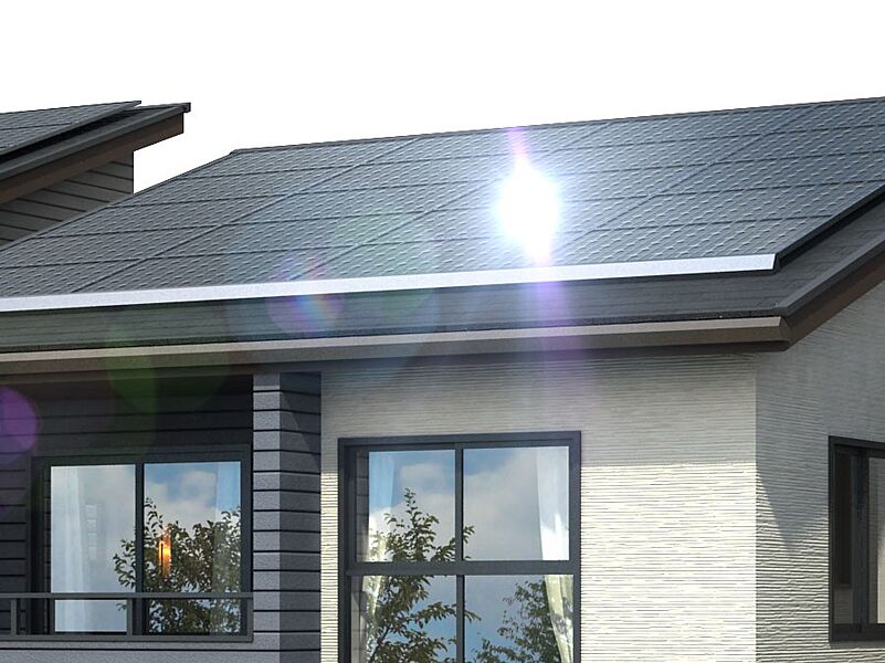 高い断熱性、高効率な設備、太陽光発電による創エネを組み合わせたZEH住宅。5kW以上の太陽光パネルを設置しています。（街並完成予想図）