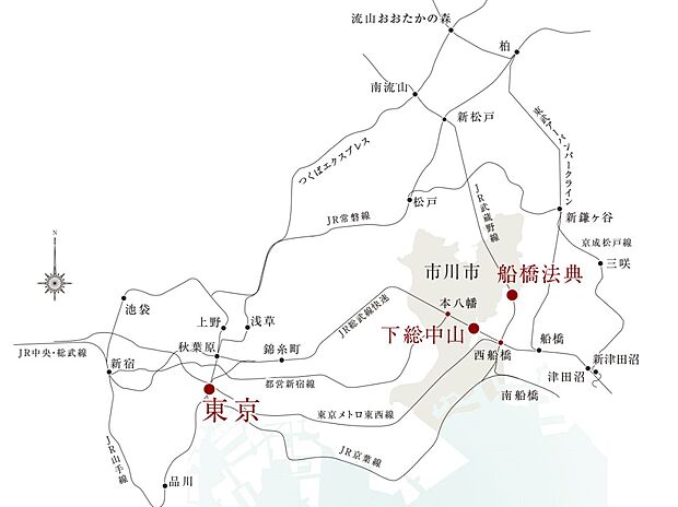 JR総武線快速、都営新宿線、東京メトロ東西線が利用でき、都内へもスムーズにアクセス。豊かな自然風土に抱かれた市川市北方町から東京都心を臨むエリアです。