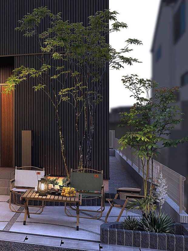 【植栽計画】デザイン性の高いエクステリアと癒やしを感じさせる緑豊かな植栽を標準仕様としています。（街並完成予想図）