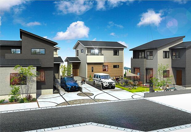 ゆとりある敷地を活かし、住まいと庭が心地よくつながる街並み。統一感のある外観デザインと建物ごとに異なるマテリアルが表情を生み、ガーデンスペースが日常に潤いと開放感を添えます。（街並完成予想図）