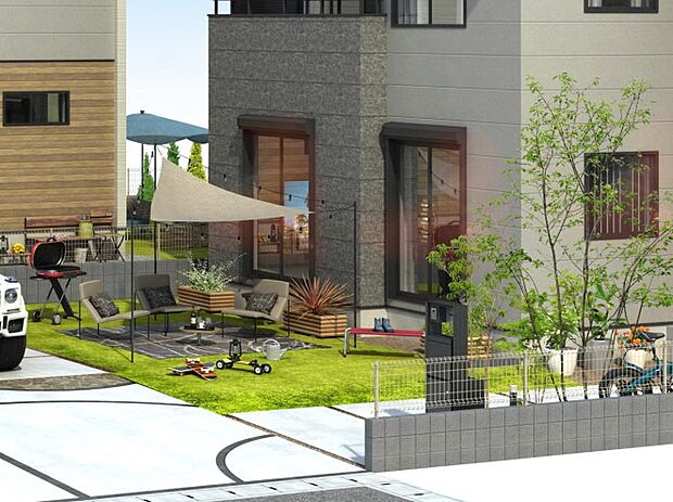 【ガーデンスペース】空と緑に包まれる、戸建ならではのガーデンスペース。お子さまがのびのびと遊んだり家庭菜園やお外ご飯なども叶うお庭です。（街並完成予想図）