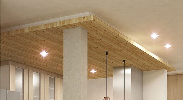 【完成予想図(内観)】【折下天井】キッチンにはナチュラルカラーの木調折下天井を採用。高低差のある天井により、ゾーン毎の空間の表情を豊かに表現しました。（16号地内観完成予想図 ※販売号地は別になります）